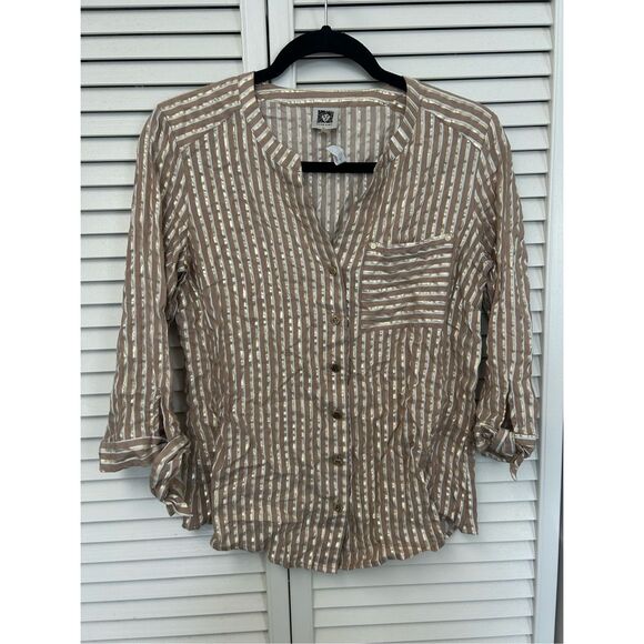Anne Klein Beige Gold White Stripe Blouse, Sz Small - Picture 1 of 2